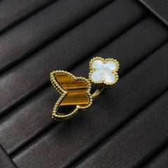Tiger's Eye Butterfly & Mother-of-Pearl Clover Open Ring