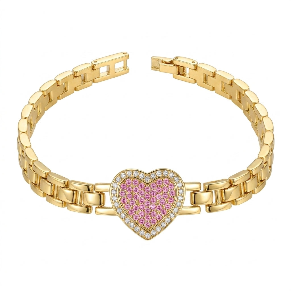 Gold Pavé Pink Heart Watch-Band Link Bracelet