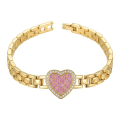 Gold Pavé Pink Heart Watch-Band Link Bracelet