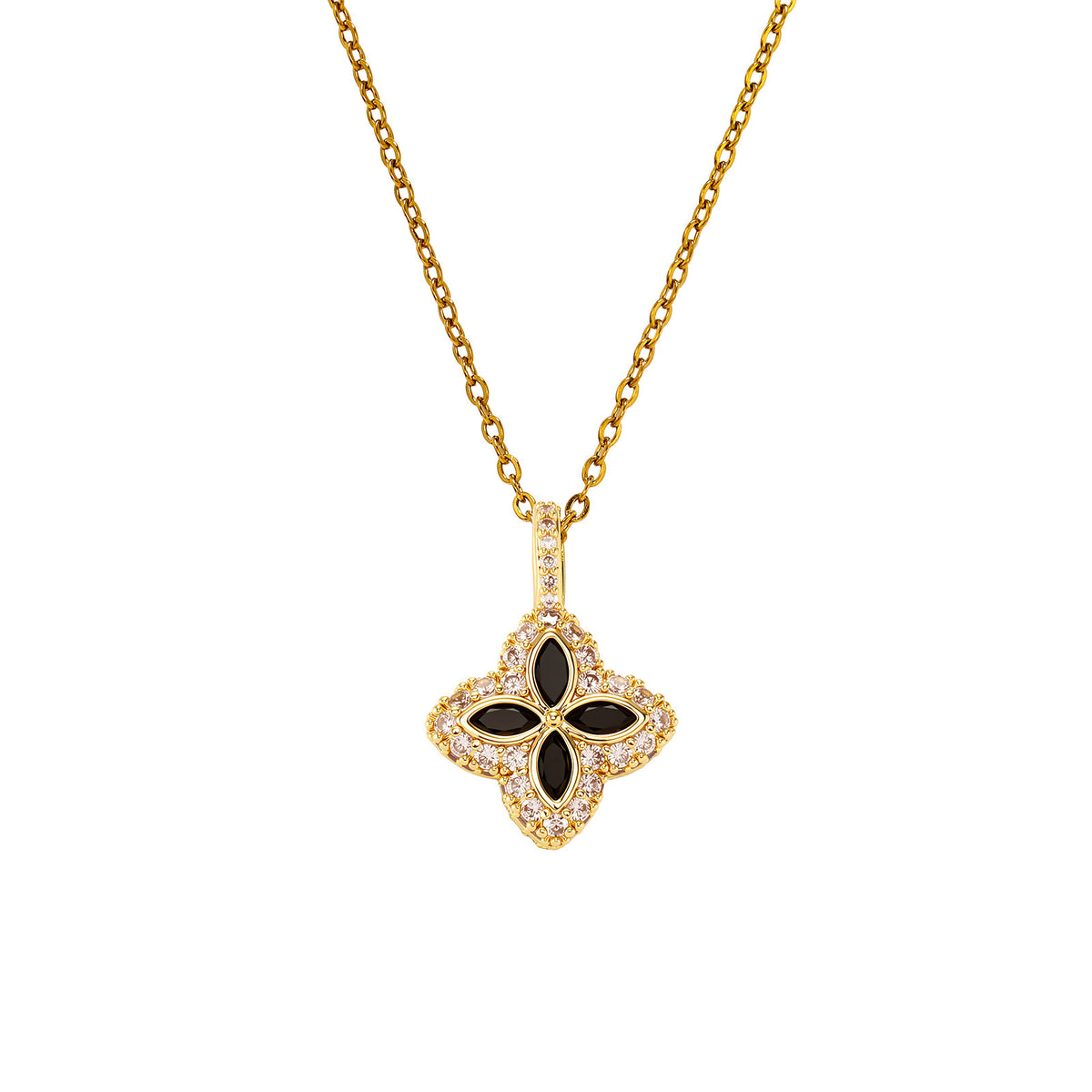 Gold & Black Marquise Cut Flower Halo Pendant Necklace