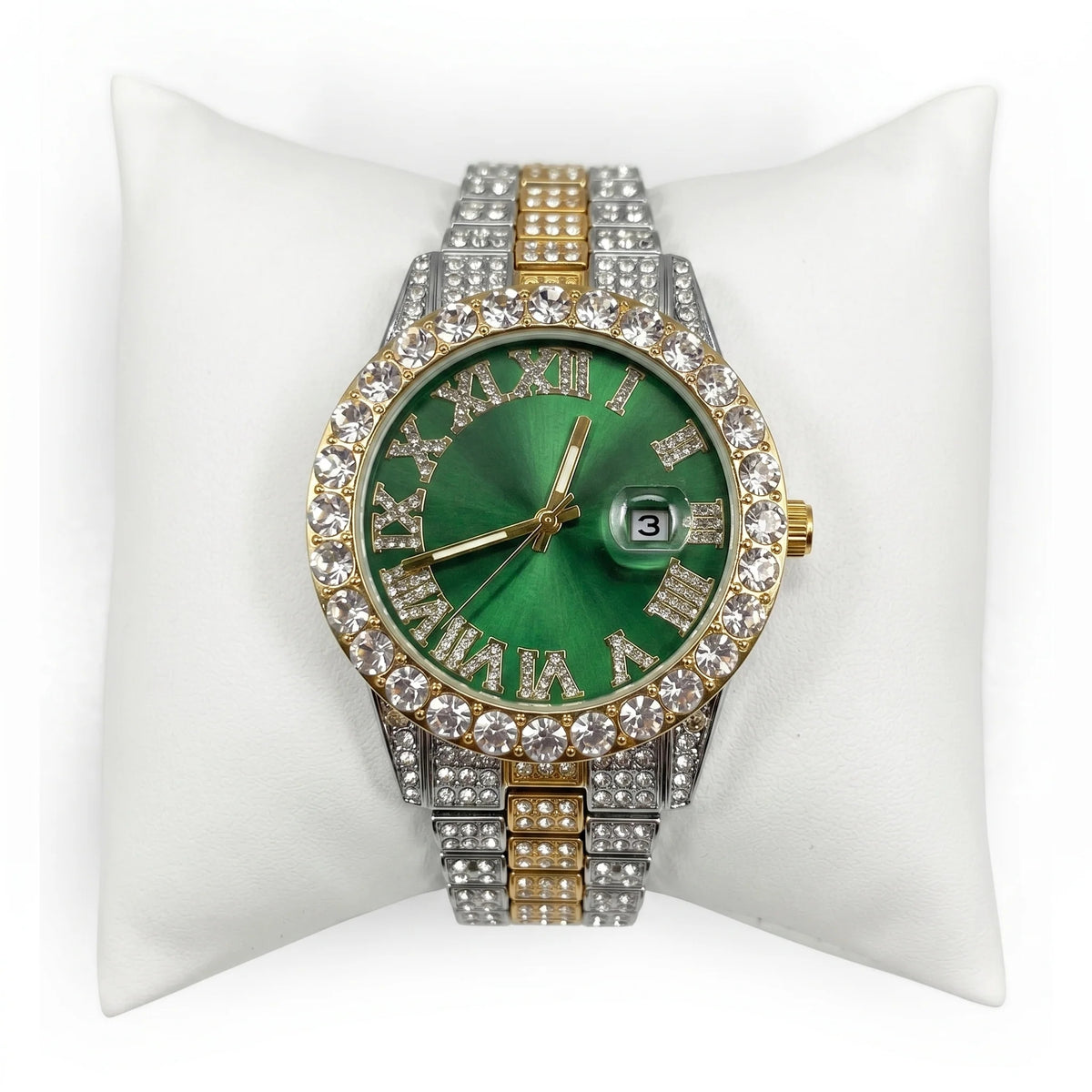 Rhinestone  Green Gold Silver Band Watch