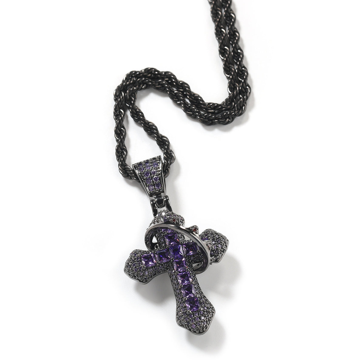 Black & Purple CZ Crown Cross Pendant Necklace