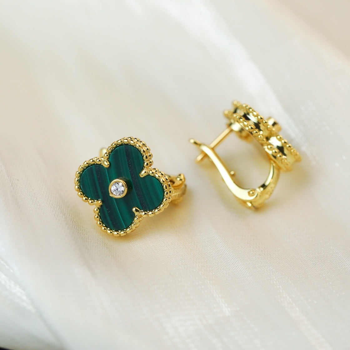 Solitaire Zircon Four-Leaf Clover Earrings-Green