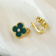 Solitaire Zircon Four-Leaf Clover Earrings-Green