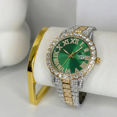 Rhinestone  Green Gold Silver Band Watch