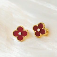 Red Solitaire Zircon Four-Leaf Clover Earrings
