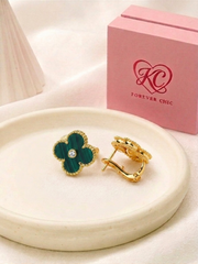 Solitaire Zircon Four-Leaf Clover Earrings-Green