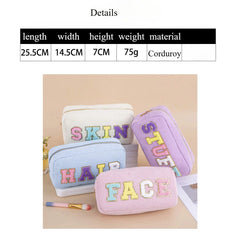 Corduroy Cosmetic Bag with Embroidered Letters