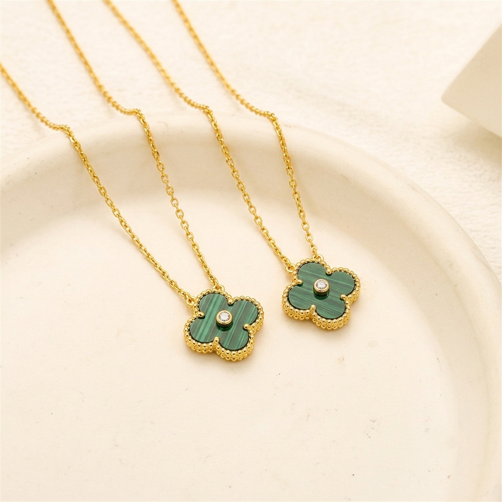 CZ-Centered Malachite Clover Pendant Necklace